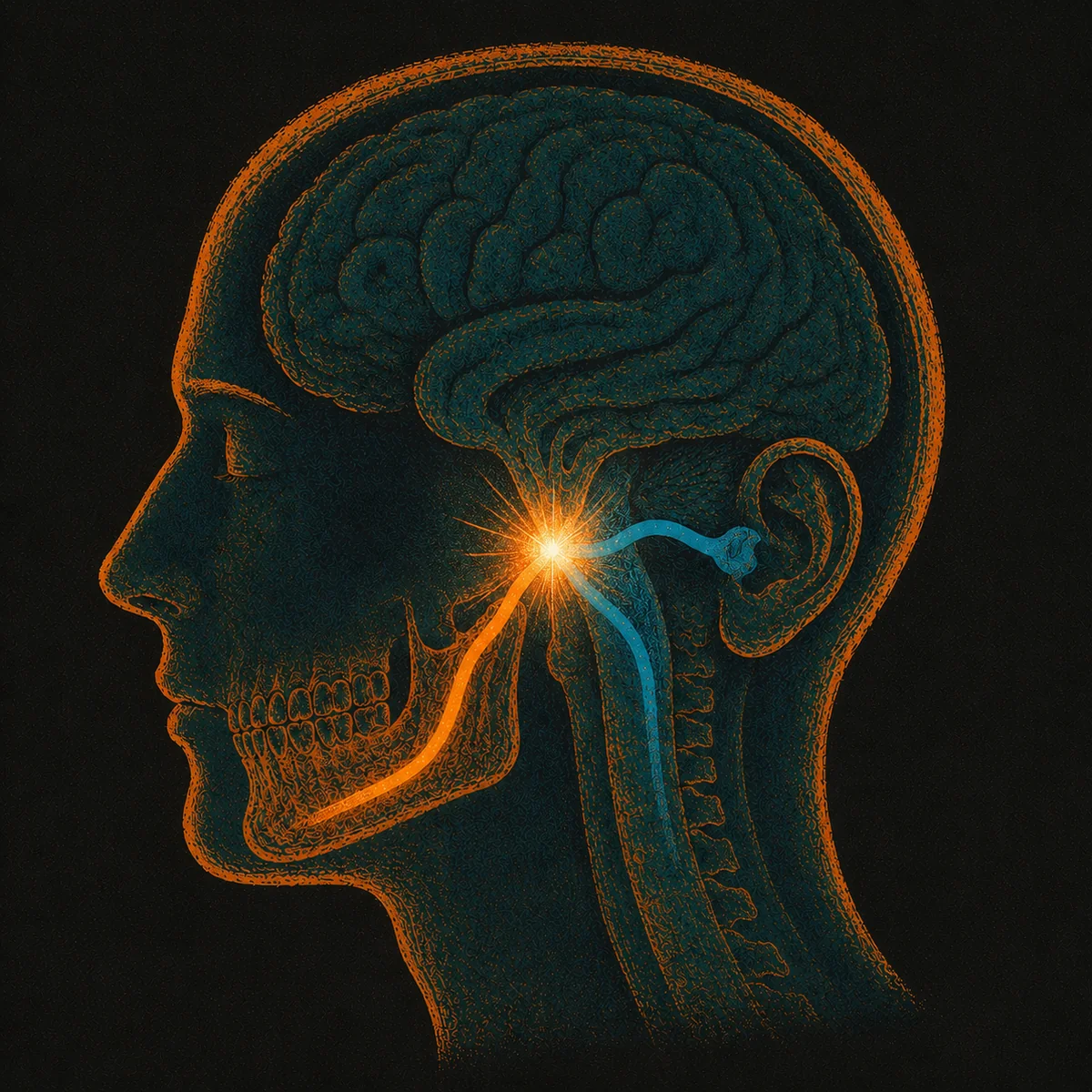 A side profile of a head facing left: a cold-blue nerve line from the ear and a warm-amber nerve line from the jaw meet at a bright spark deep in the brainstem — the junction where jaw tension and hearing cross.