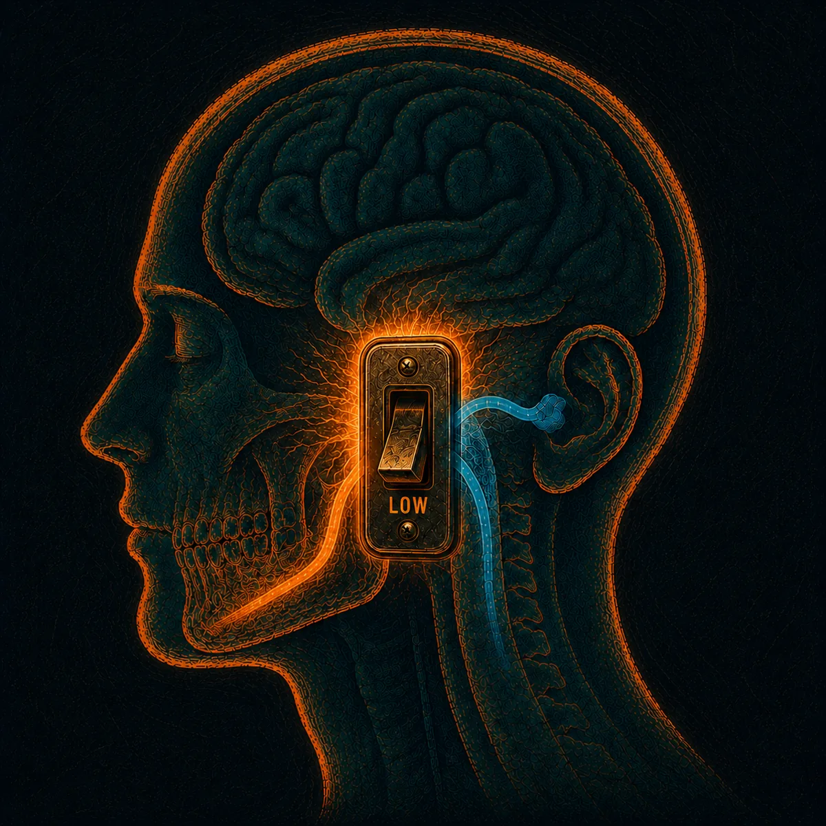 A side profile of a head with a glowing switch at the jaw–brainstem junction, turned down toward 'LOW' — the volume control for the ringing.