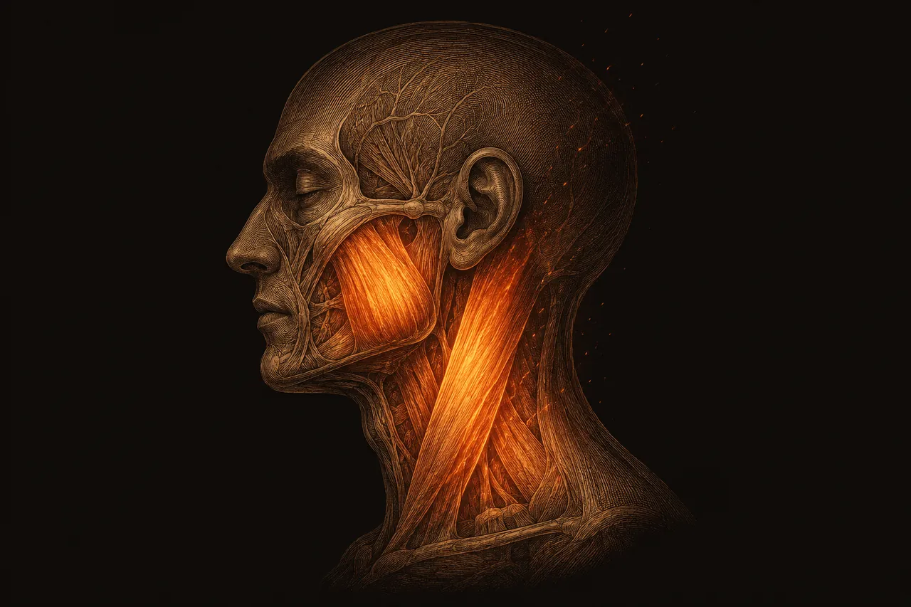 Anatomical side profile of a head with the jaw muscle and the strap muscles of the neck glowing warm — the tension that gets released in the first five minutes.