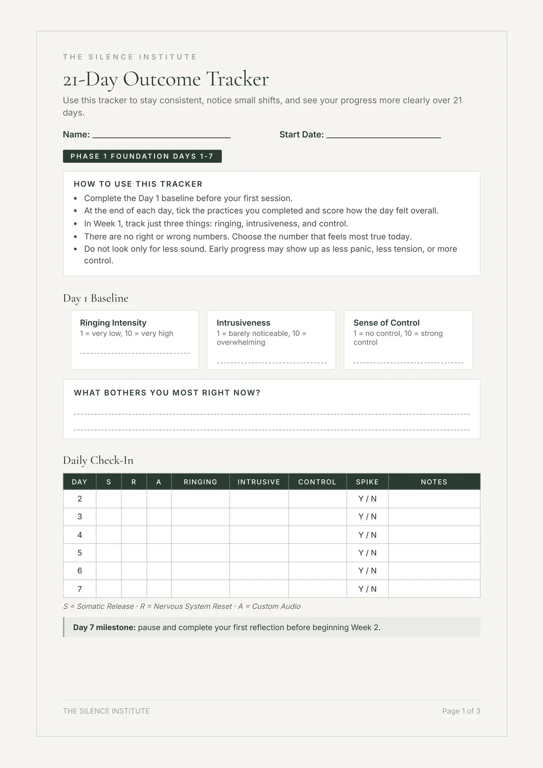 The Silence Institute nightly tracker, with columns to rate the tone each morning and night.