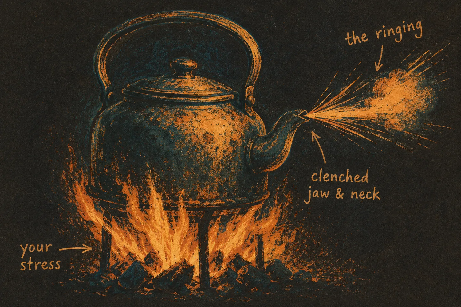An old kettle on a high fire: the flames labeled 'your stress', the pinched spout labeled 'clenched jaw & neck', and the steam shrieking out of the narrow opening labeled 'the ringing'.
