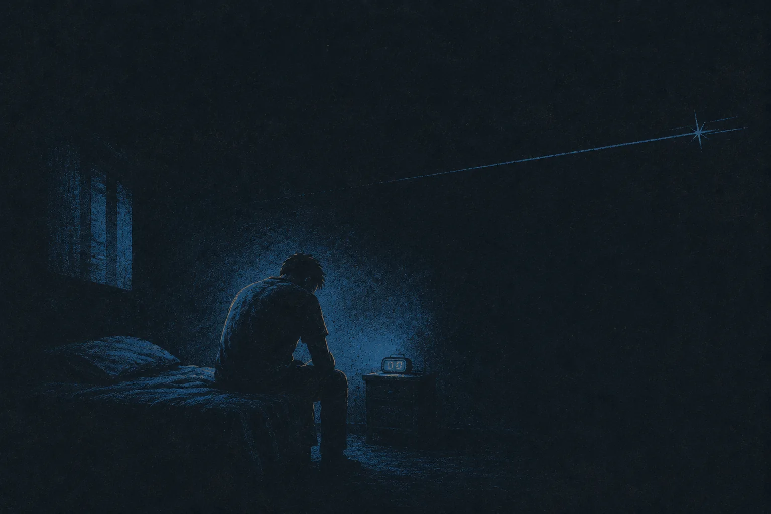 A man sitting alone on the edge of his bed in a dark bedroom late at night, a faint cold glow from the bedside clock.