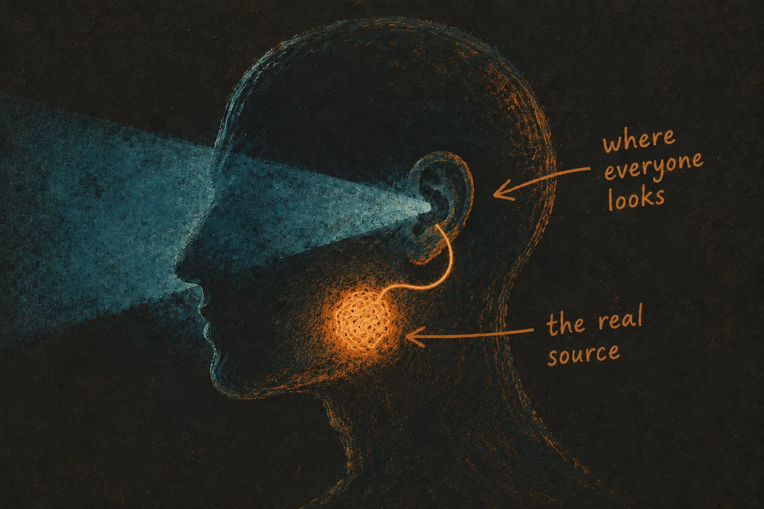 A side profile of a head: a cold spotlight aimed at the ear, labeled 'where everyone looks', while the real source — a warm glow at the jaw — is labeled 'the real source'.