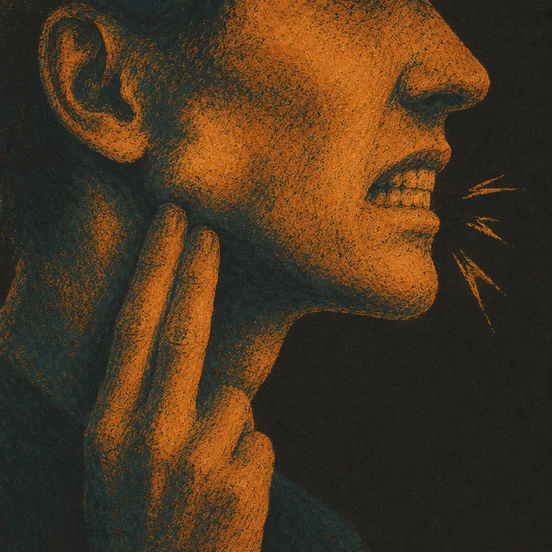 A profile clenching the jaw, fingertips pressed beneath it, faint lines radiating to show the tone shifting.