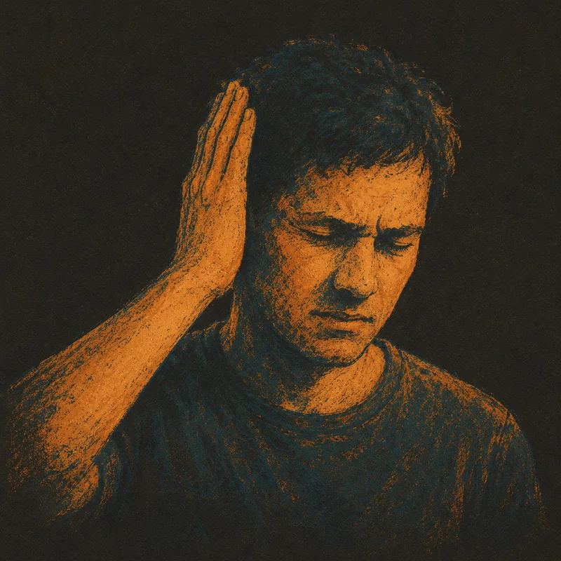 A man pressing the heel of his hand against the side of his head, eyes closed.