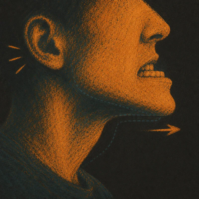 A faceless side profile sliding the lower jaw forward past the top teeth, fingertips resting at the jaw hinge, faint lines showing the tone shifting.