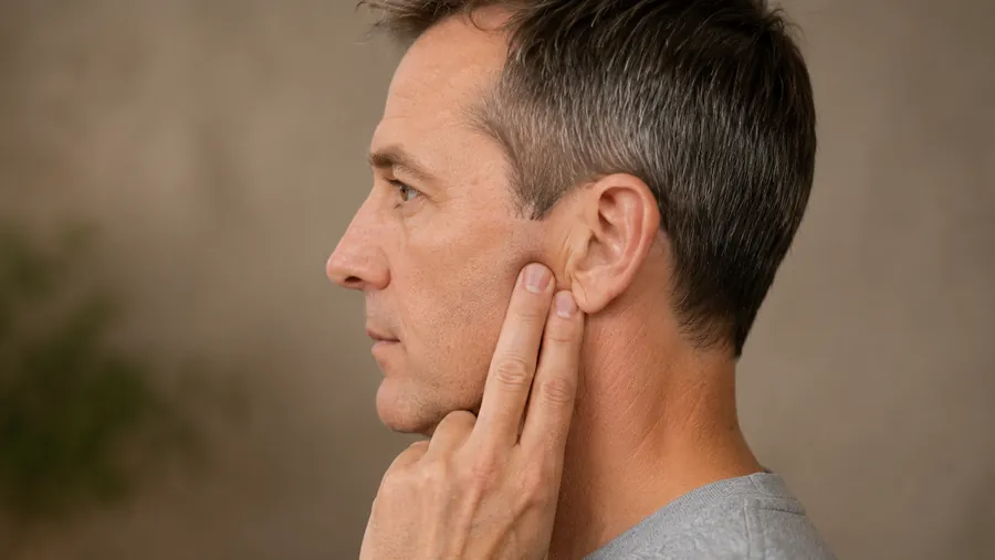 Fingertips easing along the jaw and neck during the first guided session.