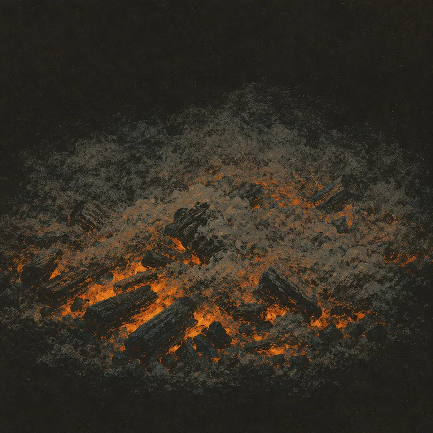 Embers settling low under a blanket of ash, the fire dropped from tall flames to a deep warm glow.