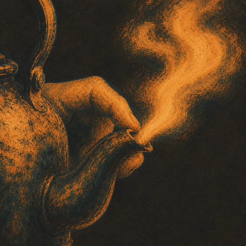 A hand easing the kettle's pinched spout open, the sharp steam softening into a gentle warm curl.