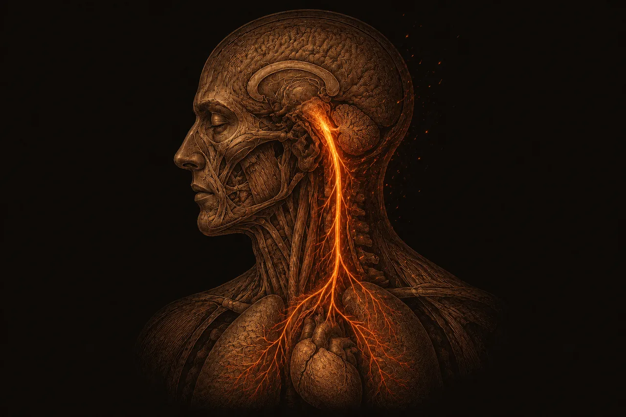 Anatomical side profile of a head with the vagus nerve glowing warm as it runs from the brainstem down the neck toward the heart and lungs — the calm pathway switched on in the next five minutes.
